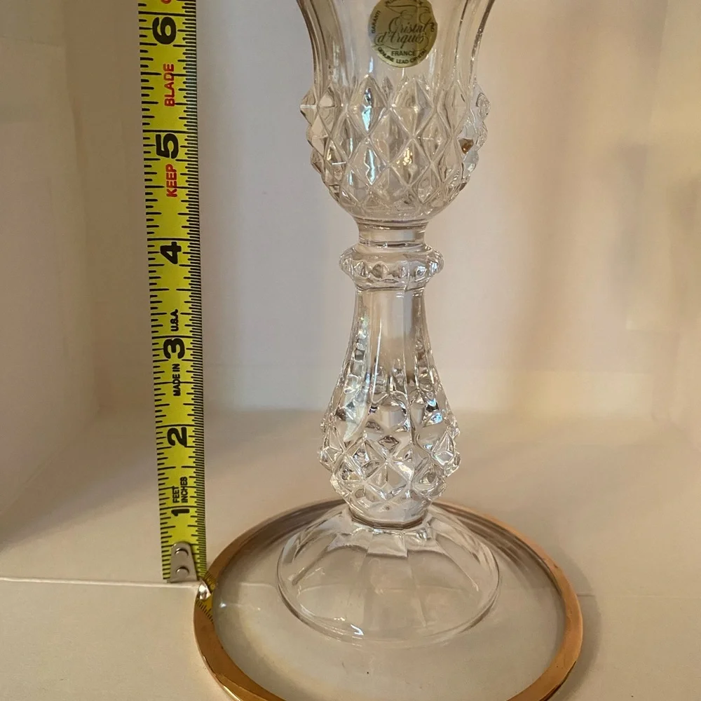 Cristal D’Arque France Cut Crystal Candle Holder W/ Gold Trim 6.5” Elegant EUC